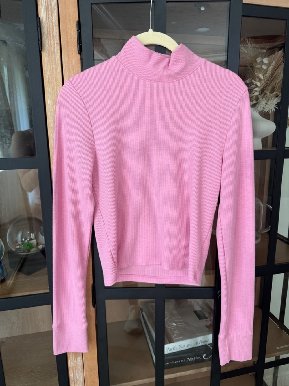 American Eagle mock neck long sleeve waffleknit tee sweater top ribbed bubblegum